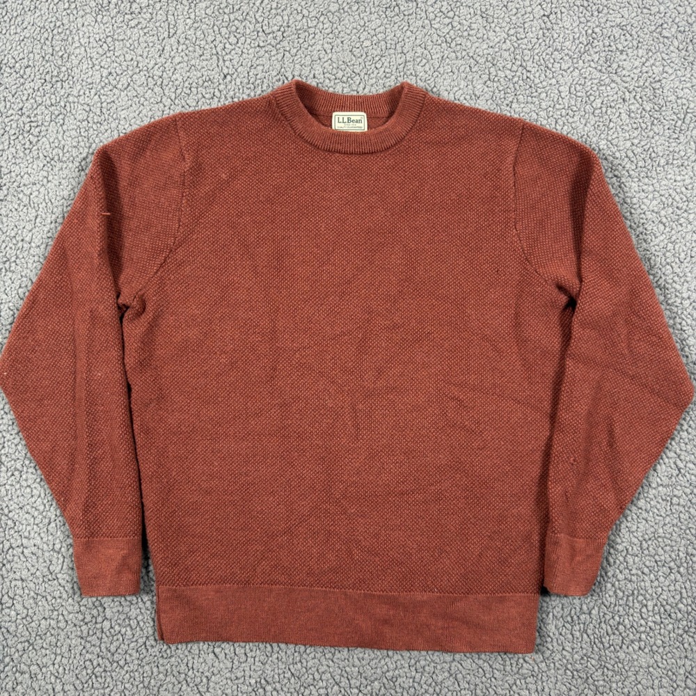 LL Bean Merino Wool Textured Crewneck Sweater Rust Orange Mens Large Knit VTG